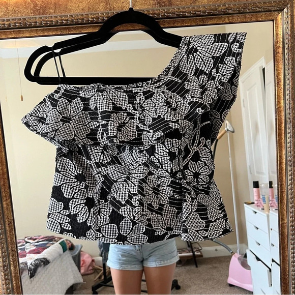NWT Zara Floral Textured One Shoulder Ruffle Blouse - Picture 2 of 8